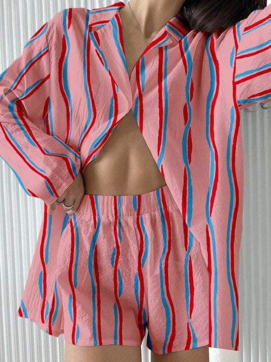 Contrast color striped casual two-piece set