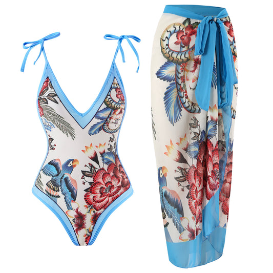 Floral Print V Neck Tie Shoulder One-piece Swimwear and Wrap Cover Up Skirt Set