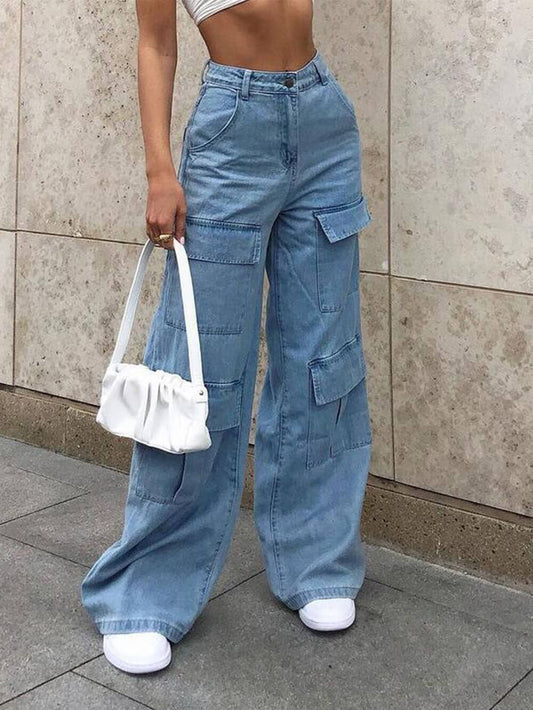 Multi-Pocket Washed Loose-Fit Floor-Length Jeans