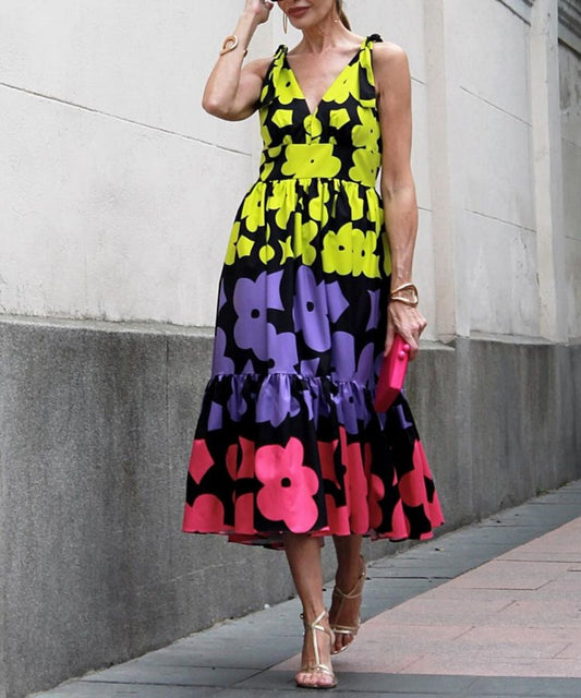 Colorful Flower Print Midi Dress