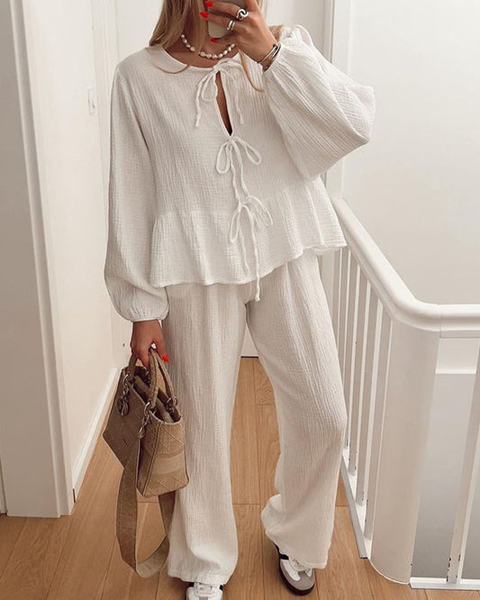 Casual Solid Color Lace-Up Top & Pants Two-Piece Set