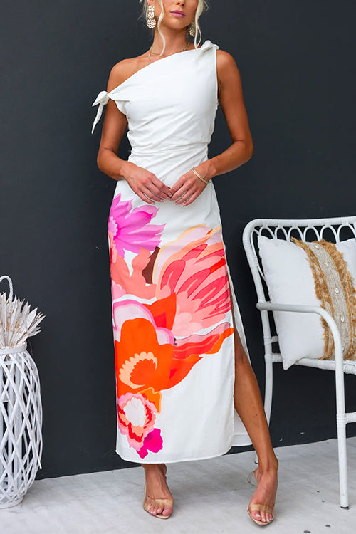 Asymmetric Shoulder Side Slit Floral Maxi Dress