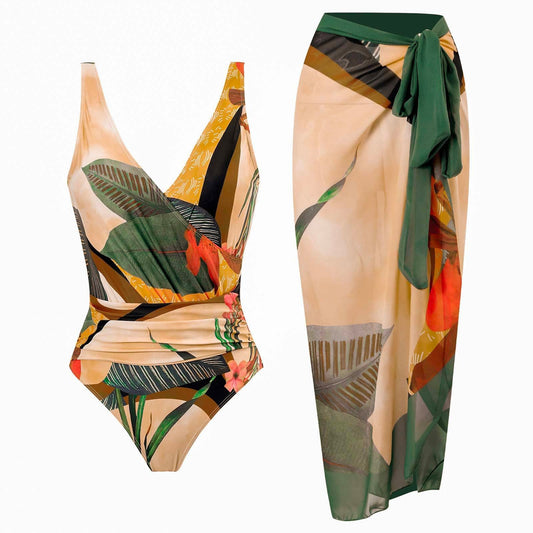 Wrap V Neck Ruched One-piece Swimsuit and Wrap Cover Up Skirt Printed Set
