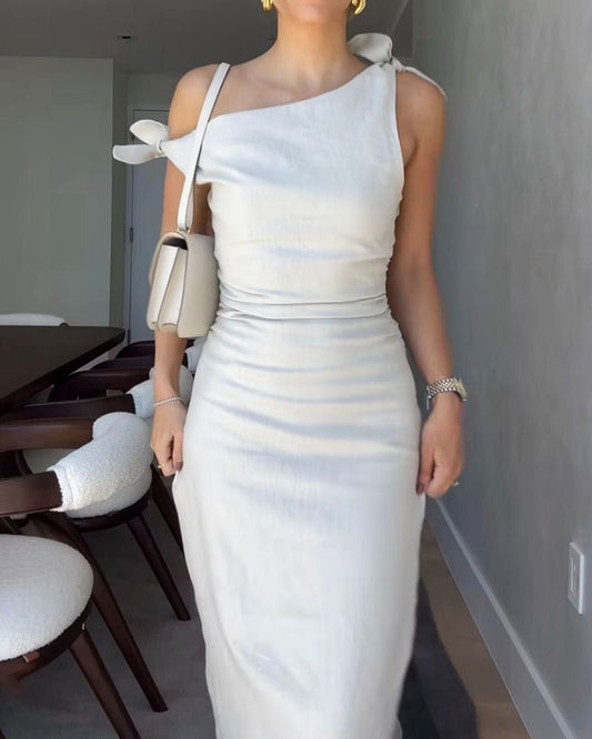 Casual Slant Shoulder Lace-Up Cotton Linen Dress