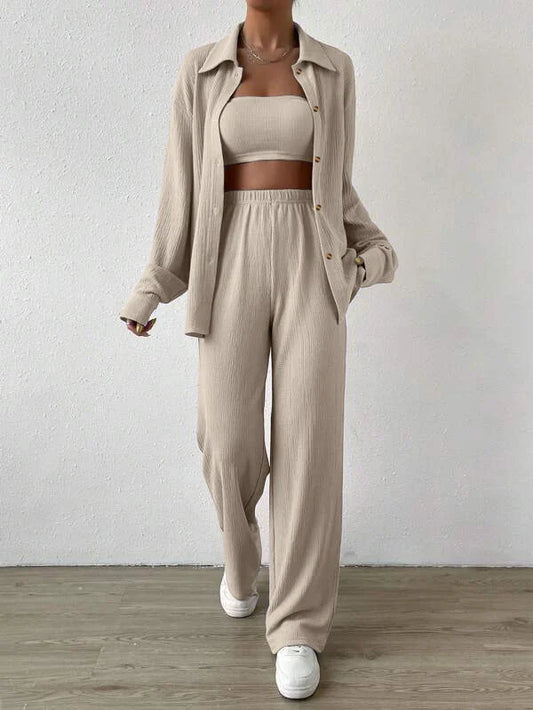 Solid Button Cardigan Laps Casual Two-Piece Set