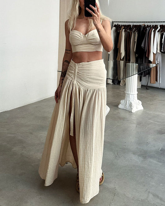 Chic vacation slit cotton and linen two-piece set