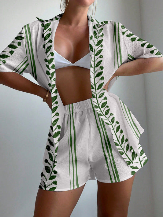 Summer vacation leaf print two-piece set