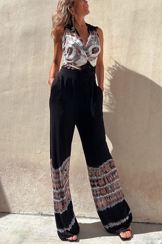 Tie-dye Print Hooded Pocketed Stretch Flare Jumpsuit