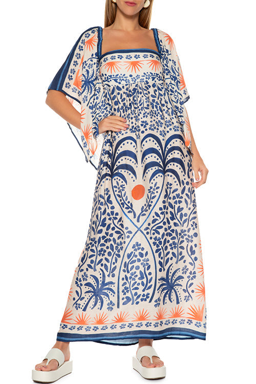 Square Collar Flutter Sleeves Printed Maxi Vacation Dress