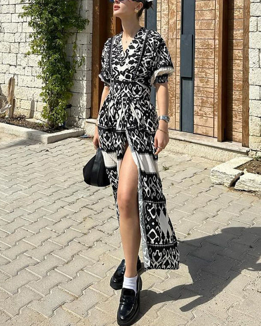 Exotic chic printed slit dress