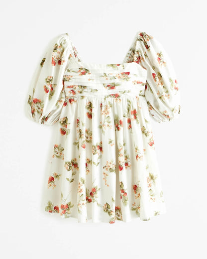 Puff Sleeves High Waist Floral Print Mini Dress