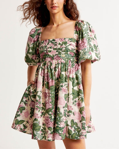 Puff Sleeves High Waist Floral Print Mini Dress