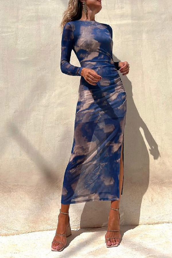Mesh Overlay Tie Dye Print Long Sleeve Ruched Stretch Midi Dress