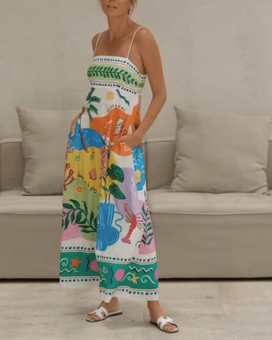 Linen Blend Unique Print Smocked Back Pocket Maxi Dress