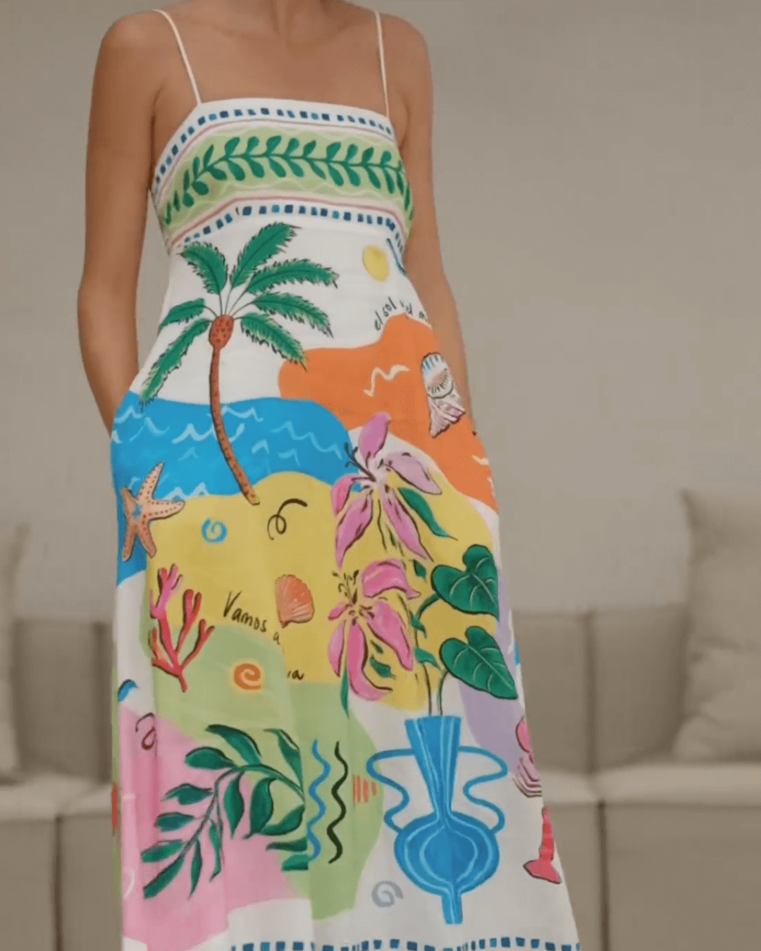 Linen Blend Unique Print Smocked Back Pocket Maxi Dress