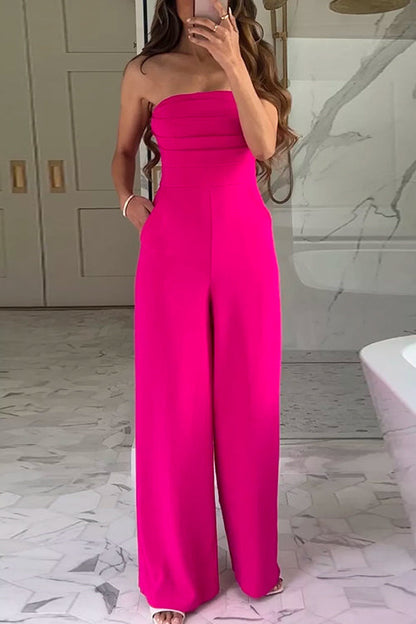 Strapless Ruched Tube Pocketed Wide Leg Jumpsuit