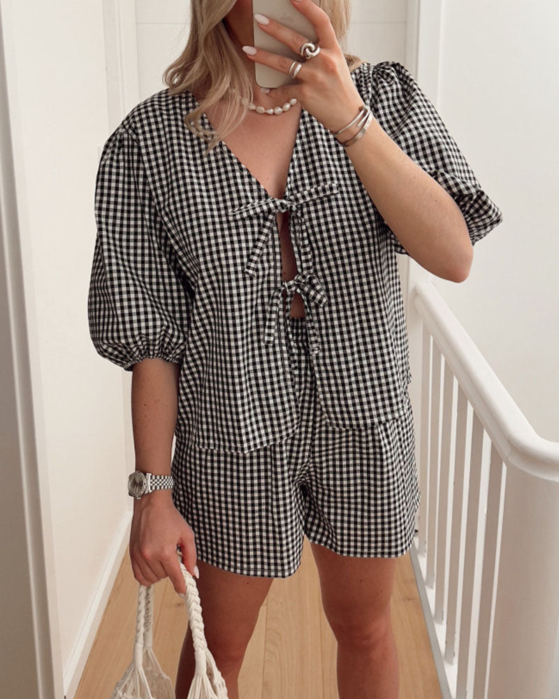 Women's lace-up plaid casual two-piece set