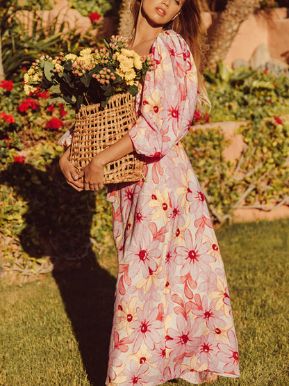 Pastel Blooms Puff Sleeves Midi Dress