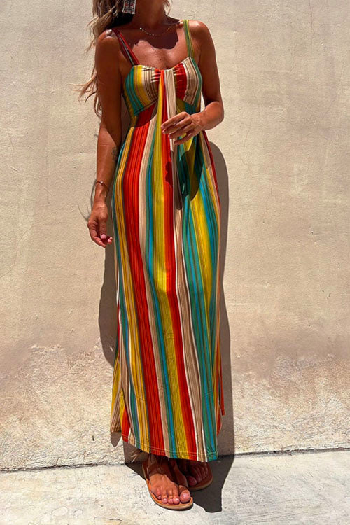 Spaghetti Strap Sleeveless Bow Design Colorful Striped Maxi Vacation Dress