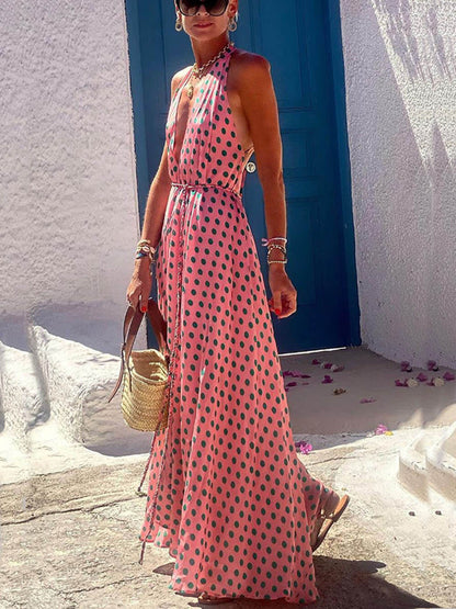 Polka Dots Print Back Lace-Up Swing Maxi Dress