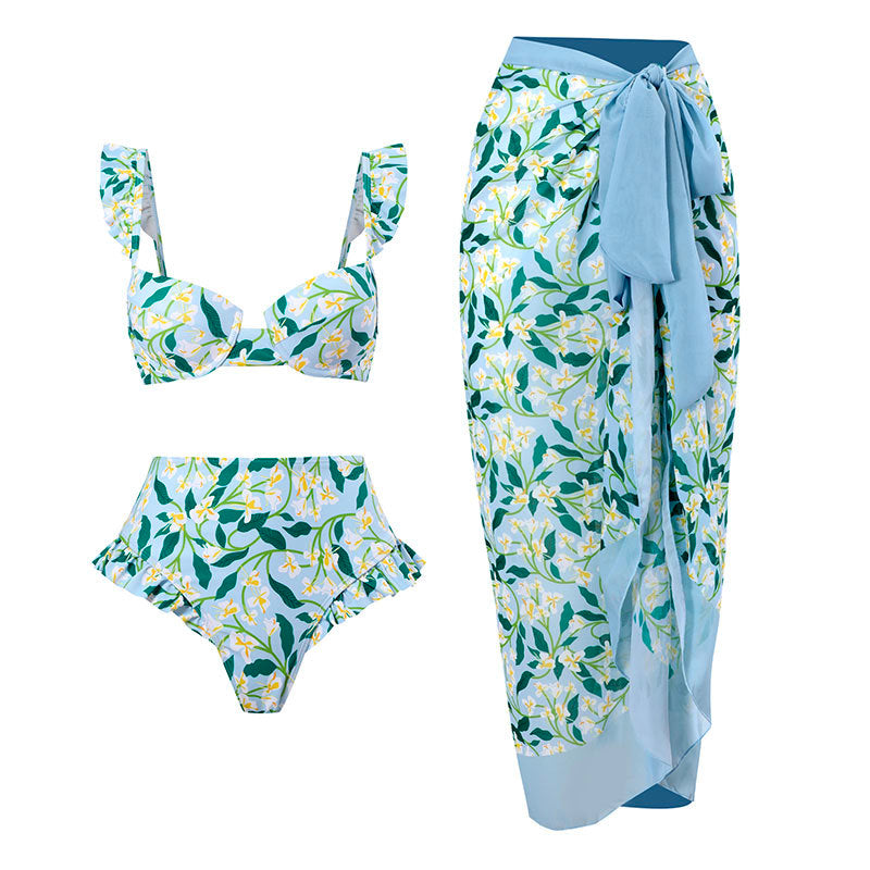 Ruffle Trim Two-Piece Swimwear and Wrap Cover Up Skirt Print Set