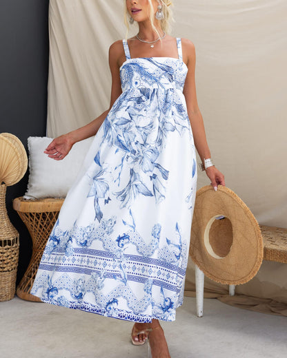 Blue Boho Tropical Maxi Dress