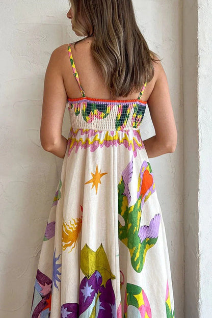 Feel Effortlessly Linen Blend Unique Print Smocked Back Midi Dress