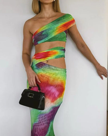 Fashion Colorful Slant Shoulder Top & Hollow Overskirt Two-Piece Set