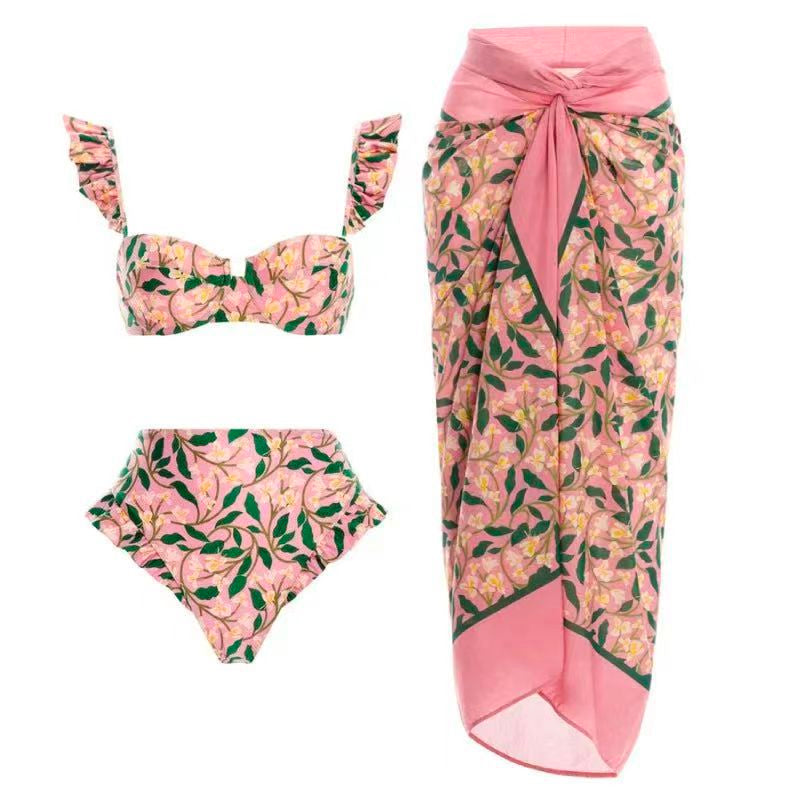 Ruffle Trim Two-Piece Swimwear and Wrap Cover Up Skirt Print Set