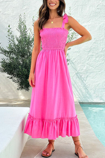 Wide Straps Bow Shoulder Smocked Ruffle Maxi Dress