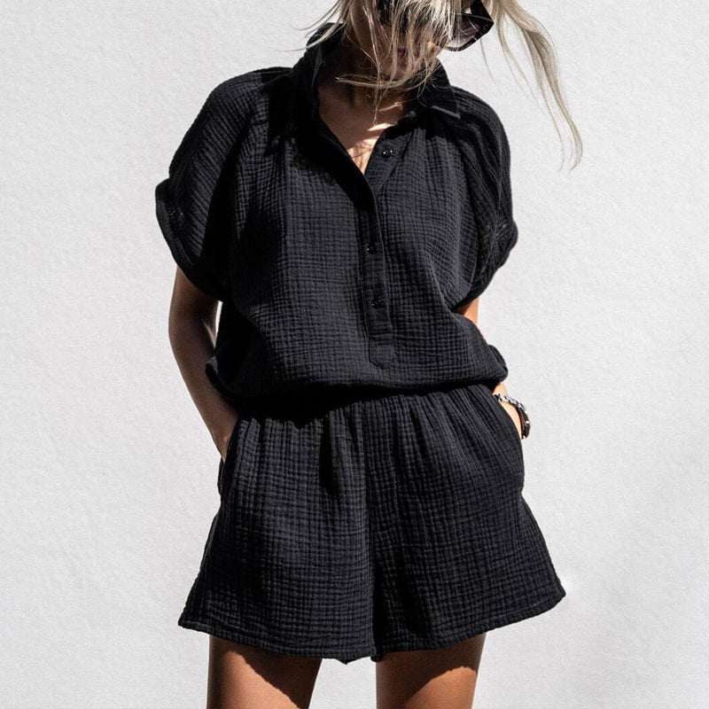 Casual V-neck button-down black solid color two-piece set