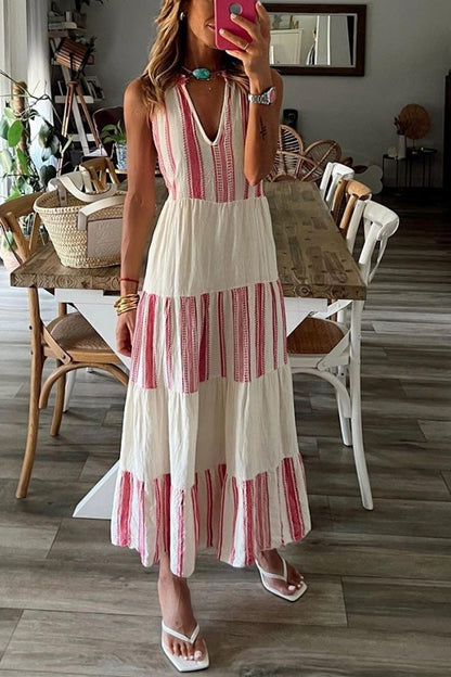 Dreamy Mood Linen Blend Ethnic Colorblock Print A-line Midi Dress