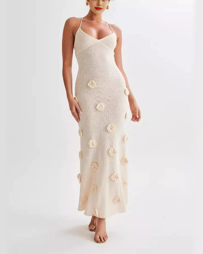 Open Back Flowers Applique Knitting Maxi Vacation Dress