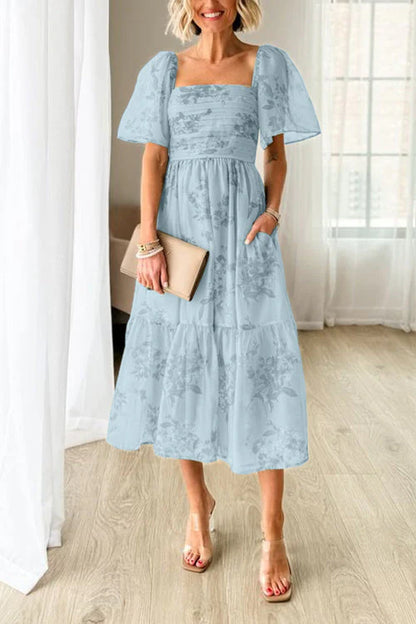 Square Neck Short Sleeve Ruched Floral Midi Dress