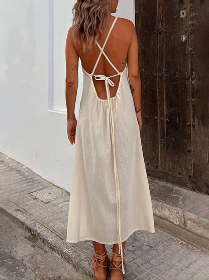 Summer Vacation Sleeveless Drawstring Backless Midi Dress