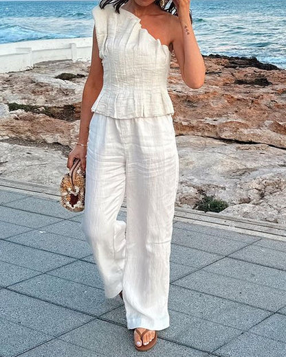 Fashionable Solid Color Pleated Top & Pants Two-piece Set