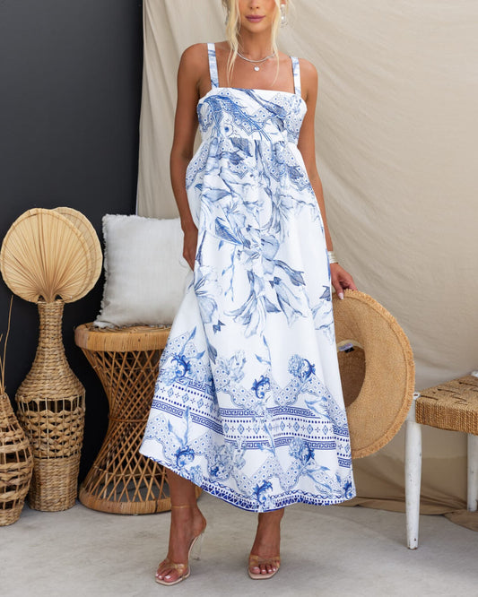 Blue Boho Tropical Maxi Dress