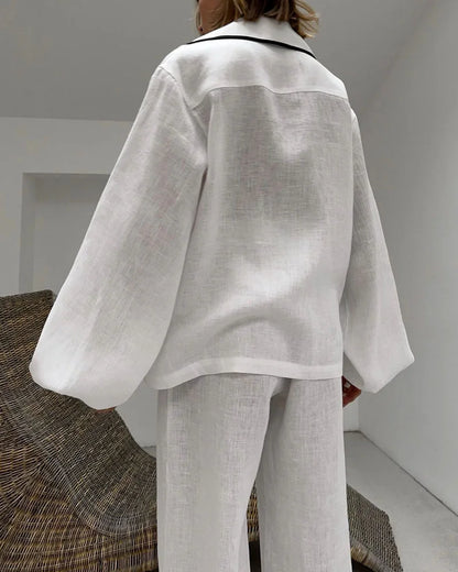 Fashion Contrast Cotton Linen Two-Piece Shirt & Pants Set