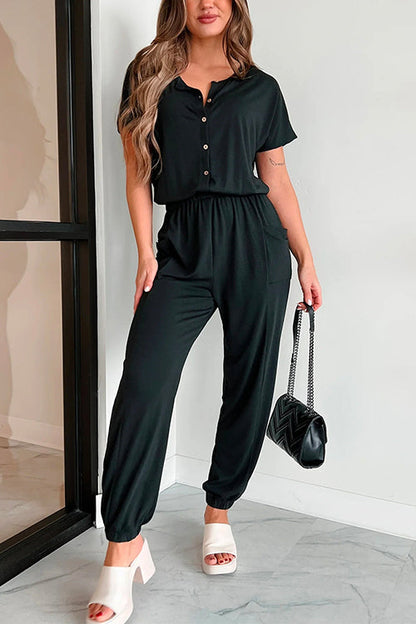 Short Sleeves Button Up Elastic Waisted Jumpsuit