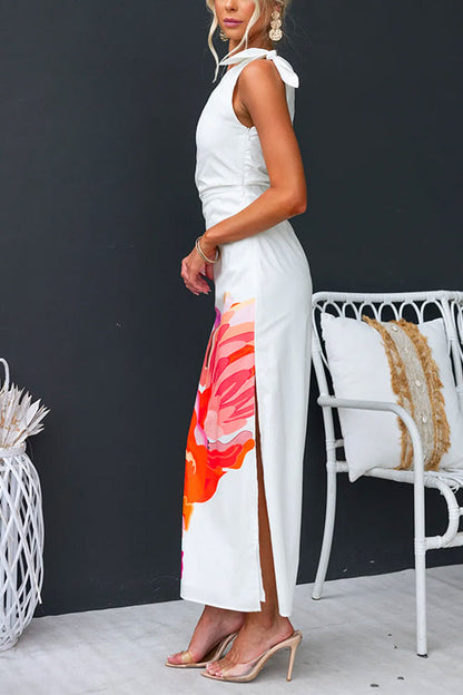Asymmetric Shoulder Side Slit Floral Maxi Dress