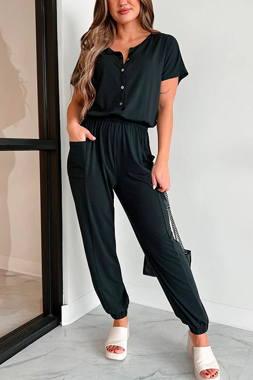 Short Sleeves Button Up Elastic Waisted Jumpsuit
