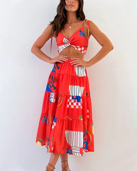 Summer vacation printed lace-up two-piece set