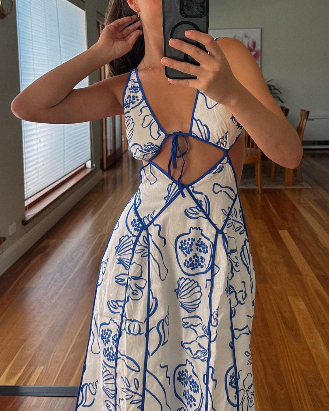 Unique Print Cutout Tie-Up Backless Maxi Dress