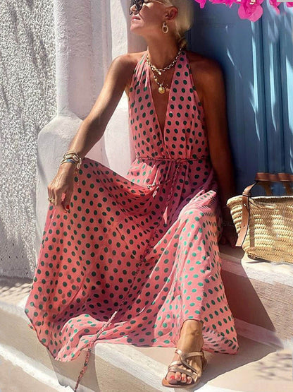 Polka Dots Print Back Lace-Up Swing Maxi Dress