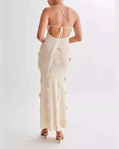 Open Back Flowers Applique Knitting Maxi Vacation Dress