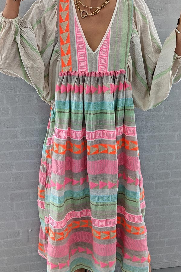 Pink Greek Key and Orange Chain Striped Print Midi Dress