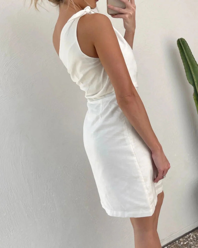 Solid Color Slant-Shoulder Lace-Up Dress