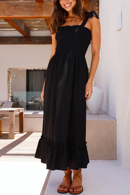 Wide Straps Bow Shoulder Smocked Ruffle Maxi Dress