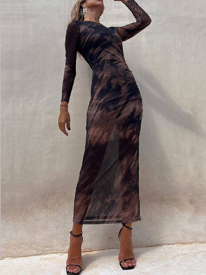 Charm Lady Mesh Overlay Tie Dye Print Long Sleeve Ruched Stretch Midi Dress