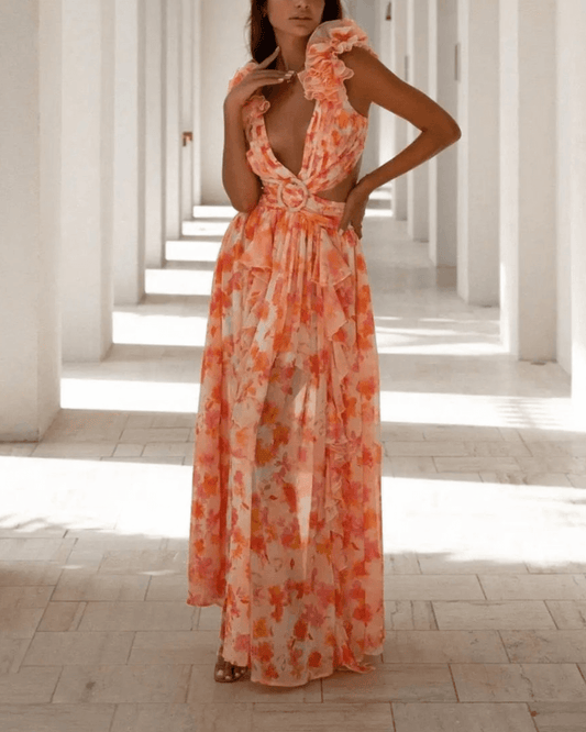 Floral Ruffle Detail Cut Out Back Lace-up Maxi Dress